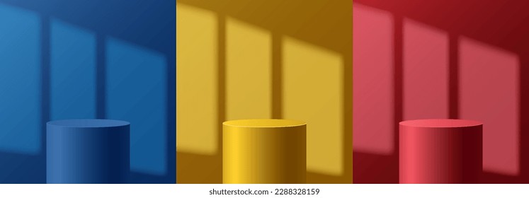 Light podium with shadow from window on wall. Abstract empty room with set of red, yellow and blue color cylinder stand pedestal. Vector stage for showcase, display presentation. Studio room concept