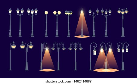 Light pole icons. Set of illuminated street lampposts on dark background, vector illustration