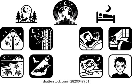 Light Pollution and Artificial Night Lighting Impact Vector Icon Set Featuring Disrupted Wildlife, City Skyglow, Human Sleep Deprivation, and Insomnia Health Concerns.eps