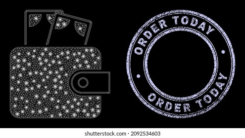 Light Polygonal Mesh Net Cash Purse Icon With Glitter Effect On A Black Background, And Round Order Today Scratched Watermark. Vector Carcass Generated From Cash Purse Icon,