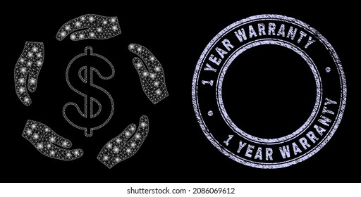 Icono de las manos de cuidado del dólar de malla poligonal ligera con efecto de brillo sobre un fondo negro, y redondo impresión de sello corroída por garantía de 1 año. La rejilla vectorial se basa en el icono de manos de cuidado de dólares,
