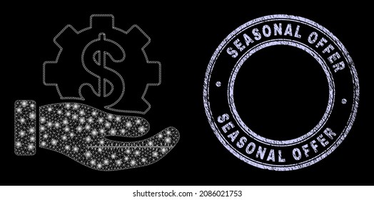 Light polygonal mesh web bank service hand icon with glow effect on a black background, and round Seasonal Offer corroded stamp seal. Vector model based on bank service hand icon, white mesh is used.