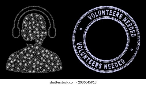 Light polygonal mesh web call center operator icon with glitter effect on a black background with round Volunteers Needed scratched watermark. Vector carcass is based on call center operator icon,