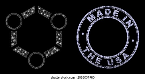 Icono de cooperación web de malla poligonal ligera con efecto de brillo sobre un fondo negro con sello de textura redondo de Made In The USA. Modelo vectorial generado a partir del pictograma de cooperación,