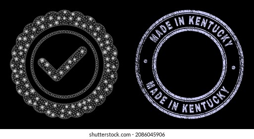 Light polygonal net approve seal icon with glare effect on a black background with round Made in Kentucky scratched seal print. Vector carcass is based on approve seal icon, white mesh network used.