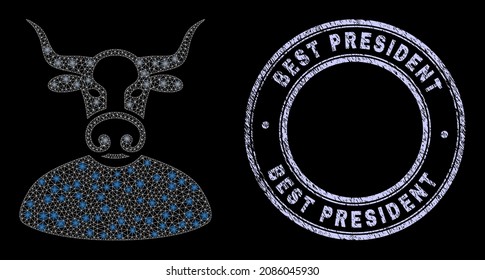 Light polygonal net bull boss icon with glare effect on a black background with round Best President grunge seal print. Vector grid created from bull boss pictogram,