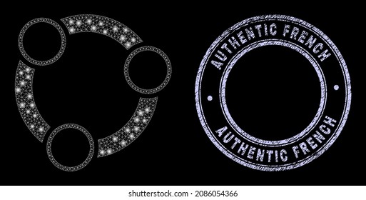 Light polygonal net collaboration icon with glare effect on a black background with round Authentic French rubber stamp seal. Vector frame is based on collaboration icon, white colored mesh used.