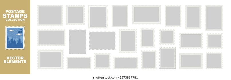 Light postage stamp collection. Realistic post stamps set with shadow. Blank postage stamp isolated on transparent background. Blank stamp for send envelope or letter