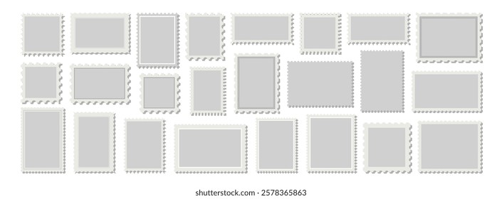 Light postage stamp collection. Realistic post stamps set with shadow. Blank postage stamp isolated on transparent background. Blank stamp for send envelope or letter