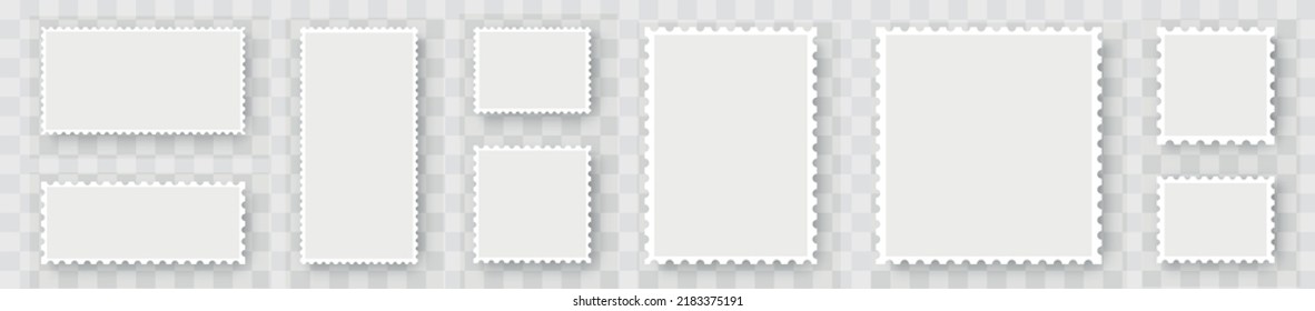 Light Postage Stamps collection. Blank set postage stamps. Blank Postage Stamps on gray background. Postcard stamp frames. Clean postal stickers set. Vector illustration