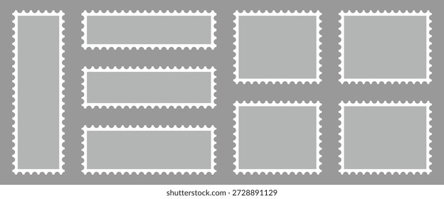 Briefmarkensammlung. Satz von leeren Rechtecken und quadratischen Briefmarkenrahmen. Vektorsymbole für Briefmarken. Postwertzeichen. 