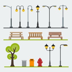 Light Posts And Outdoor Elements For Construction Of Landscapes. Vector Flat Illustration