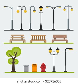 Light posts and outdoor elements for construction of landscapes. Vector flat illustration
