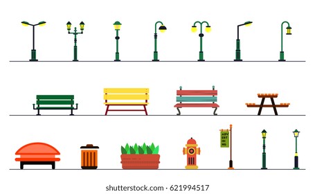 Light posts and outdoor elements for construction of landscapes. Vector flat illustration. park equipment