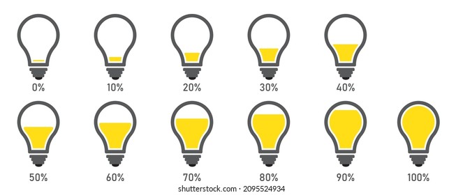 Light power indicator. Power bulb. Energy charge level, full and low. Gradient Chart Bars Template. 10% to 100% number text. Flat Design Interface Illustration infochart infographic elements for ux ui