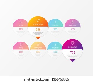 Light pricing list with 4 options. Pricing table with 4 plans and one recommended. Circle infographic element vector with four number options, steps, price list. EPS10