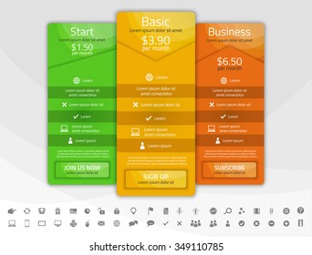Light pricing list with 4 options. Different shapes of tables. Icon set included