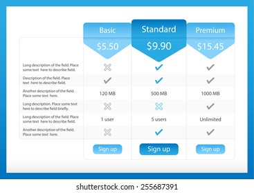 Light pricing table with 3 options and one recommended plan