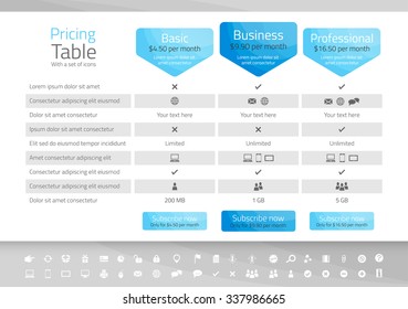 Light pricing table with 3 options. Icon set included