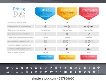 Light pricing table with 3 options. Icon set included