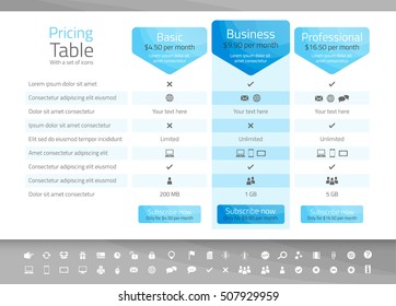 Light pricing table with 3 options. Icon set included