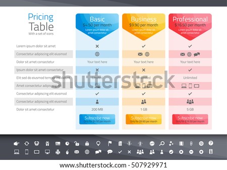 Light pricing table with 3 options. Icon set included