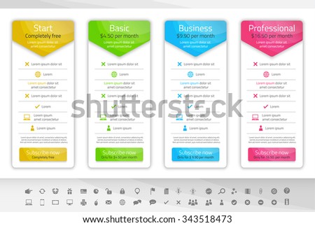 Light pricing table with 4 options. Icon set included