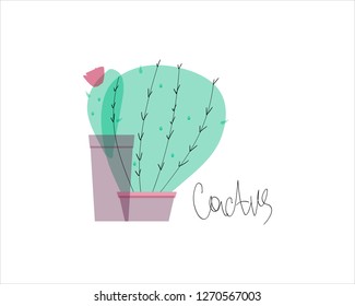 Light print with cacti in a flower pot. Icon with a blooming cactus.