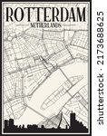 Light printout city poster with panoramic skyline and hand-drawn streets network on vintage beige background of the downtown ROTTERDAM, NETHERLANDS