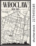 Light printout city poster with panoramic skyline and hand-drawn streets network on vintage beige background of the downtown WROCLAW, POLAND