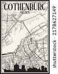 Light printout city poster with panoramic skyline and hand-drawn streets network on vintage beige background of the downtown GOTEBORG (GOTHENBURG), SWEDEN