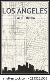 Light printout city poster with panoramic skyline and streets network on vintage beige background of the downtown LOS ANGELES, CALIFORNIA