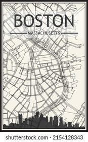 Light printout city poster with panoramic skyline and streets network on vintage beige background of the downtown BOSTON, MASSACHUSETTS