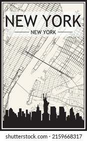 Light printout city poster with panoramic skyline and streets network on vintage beige background of the downtown NEW YORK CITY, NEW YORK