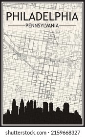 Light printout city poster with panoramic skyline and streets network on vintage beige background of the downtown PHILADELPHIA, PENNSYLVANIA