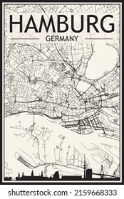 Light printout city poster with panoramic skyline and streets network on vintage beige background of the downtown HAMBURG, GERMANY