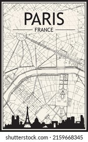 Light printout city poster with panoramic skyline and streets network on vintage beige background of the downtown PARIS, FRANCE