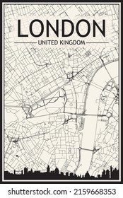 Light printout city poster with panoramic skyline and streets network on vintage beige background of the downtown LONDON, UNITED KINGDOM