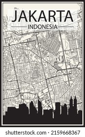 Light printout city poster with panoramic skyline and streets network on vintage beige background of the downtown JAKARTA, INDONESIA