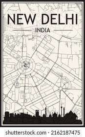 Light printout city poster with panoramic skyline and hand-drawn streets network on vintage beige background of the downtown NEW DELHI, INDIA