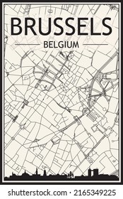 Light printout city poster with panoramic skyline and hand-drawn streets network on vintage beige background of the downtown BRUSSELS, BELGIUM