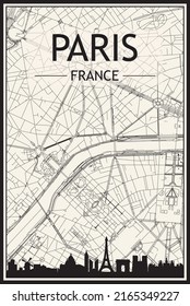 Light printout city poster with panoramic skyline and hand-drawn streets network on vintage beige background of the downtown PARIS, FRANCE