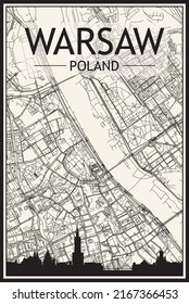 Light printout city poster with panoramic skyline and hand-drawn streets network on vintage beige background of the downtown WARSAW, POLAND
