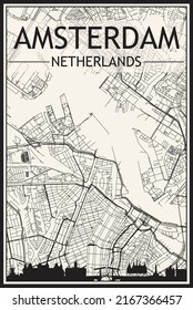 Light printout city poster with panoramic skyline and hand-drawn streets network on vintage beige background of the downtown AMSTERDAM, NETHERLANDS