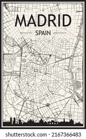 Light printout city poster with panoramic skyline and hand-drawn streets network on vintage beige background of the downtown MADRID, SPAIN