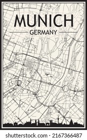 Light printout city poster with panoramic skyline and hand-drawn streets network on vintage beige background of the downtown MUNICH, GERMANY