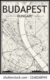 Light printout city poster with panoramic skyline and hand-drawn streets network on vintage beige background of the downtown BUDAPEST, HUNGARY