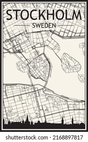 Light printout city poster with panoramic skyline and hand-drawn streets network on vintage beige background of the downtown STOCKHOLM, SWEDEN