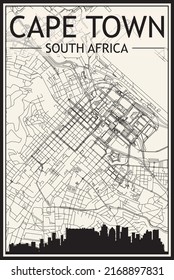 Light printout city poster with panoramic skyline and hand-drawn streets network on vintage beige background of the downtown CAPE TOWN, SOUTH AFRICA