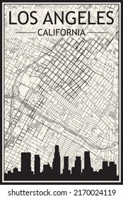 Light printout city poster with panoramic skyline and hand-drawn streets network on vintage beige background of the downtown LOS ANGELES, CALIFORNIA